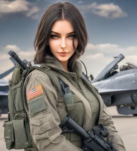 model headshot，Women's Fashion，
American Minimalism,woman with guns wearing uniform on runway near fighter jets,servicewoman,bomber,usaf,civilian,volkova,italeli,Photography,Realistic