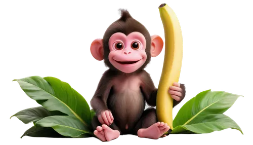 Cute monkey, sitting pose, big round eyes, soft fur, pink nose, smiling face, holding banana, tropical leaves background, warm sunlight, shallow depth of field, 3/4 composition, vibrant color tone, ca