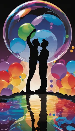 Imagine a gay bubble where everyone celebrates LGBT pride every day.,rainbow color balloons,colorful balloons,inflates soap bubbles,soap bubble,soap bubbles,love in air,heart balloons,giant soap bubbl