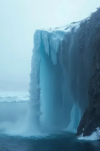 北極冰山斷崖,有一條細長的瀑布,斷崖上站著渺小的人,the ice formations on the wall of water are huge,icefalls,icefall,ice castle,ice curtain,meltwater,godafoss