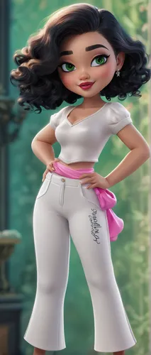 Image AI art the name Engraving Yadira Girl beautiful white pants with details and top of the same tone in elegant text ""PRINCESS"", 3D font in black Chibi beautiful curvy girl with black hair, long 