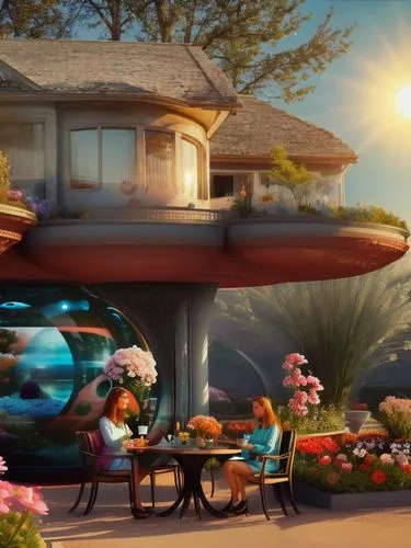 flower shop,fruit stand,digital compositing,flower cart,fruit stands,aurora village,mushroom landscape,parasols,home landscape,mobile home,flower stand,fruit market,3d render,cartoon video game background,3d fantasy,summer evening,futuristic landscape,teacups,suburbs,floating islands