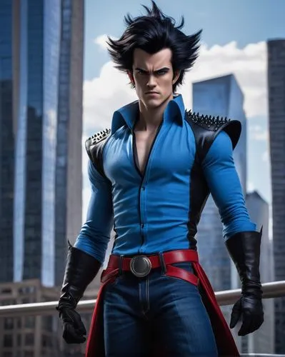 Megamind as human, male, muscular, blue skin tone, spiky black hair, sharp facial features, red eyes, white shirt, blue jeans, black boots, confident posture, standing, city street, skyscraper backgro