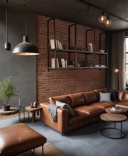 Create a series of hyper-realistic images showcasing an industrial-style interior design. The scene should prominently feature raw materials such as steel, iron, concrete, untreated wood, and exposed 