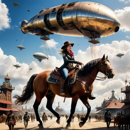 Ein Cowgirl das auf einem Pferd gemächlich durch eine Steampunk Metropole reitet und hin und wieder einige der Pasagier und Frachtzeppeline sowohl an den Landeplätzen am boden als auch jene die am him