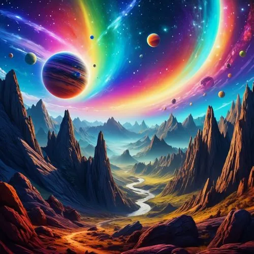 Imagine a fantastical universe where multiple planets of varying sizes and colors float in space. Each planet has its own unique features, such as glowing rings, mysterious landscapes, and vibrant atm