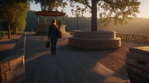 a woman walking across a wooden path next to a park,forwood,everwood,boardwalks,pathway,boardwalk,sunnydale,Photography,General,Natural