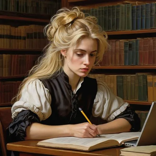 girl studying,girl at the computer,scholar,blonde woman reading a newspaper,emile vernon,study,librarian,correspondence courses,girl drawing,writing or drawing device,portrait of a girl,girl in a historic way,writing-book,academic,distance-learning,distance learning,tutor,to write,to study,learn to write,Illustration,Realistic Fantasy,Realistic Fantasy 22