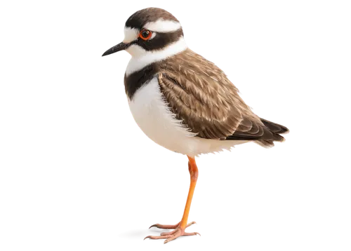 Small bird, plover, solo, beach scene, brown back feathers, white belly, black head, orange beak, standing, one leg bent, looking around, sunny day, soft lighting, shallow depth of field, warm color t