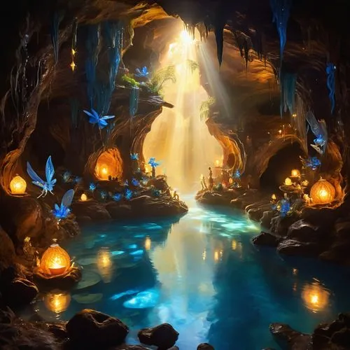 fantasy landscape,fairy village,fantasy picture,underwater oasis,fairy world,cave on the water,fantasy art,blue cave,the blue caves,fairy forest,blue caves,enchanted forest,3d fantasy,wishing well,world digital painting,fairy lanterns,cave tour,druid grove,fantasy world,underground lake,Illustration,Realistic Fantasy,Realistic Fantasy 37