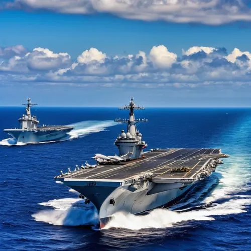 a nuclear powered, twin turbines, indonesian navy super carrier on atlantic convoy, escorted by two submarines, destroyer, and fregates,supercarriers,aircraft carrier,uss kitty hawk,rimpac,uss carl vi