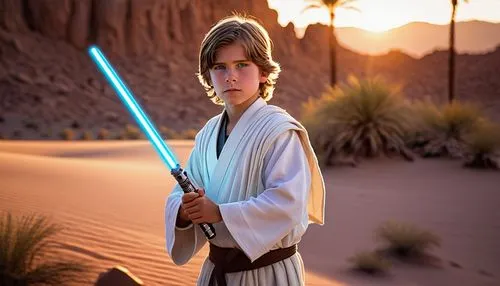 Young Jedi Rylan, boy, 12yo, messy brown hair, bright blue eyes, small nose, gentle smile, white robes, brown belt, lightsaber hilt at side, holding a training remote, standing, desert planet, twin su