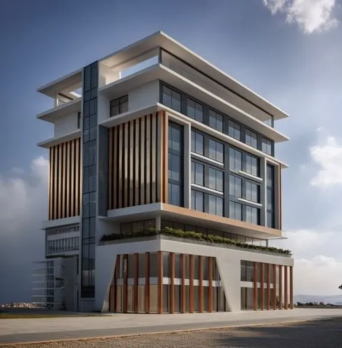 an architectural rendering of a building with horizontal striped windows and a roof terrace,baladiyat,penthouses,lekki,largest hotel in dubai,lodha,3d rendering,Photography,General,Realistic