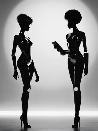 Imagine a futuristic world where negrito bimbos are intelligent robots serving as companions to humans.,mannequin silhouettes,women silhouettes,mannequins,afro american girls,perfume bottle silhouette