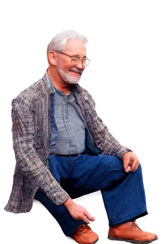 Old man, grandpa, gentle smile, wrinkles, gray hair, glasses, white beard, plaid shirt, brown trousers, comfortable shoes, sitting, relaxed pose, warm lighting, soft focus, shallow depth of field, cin