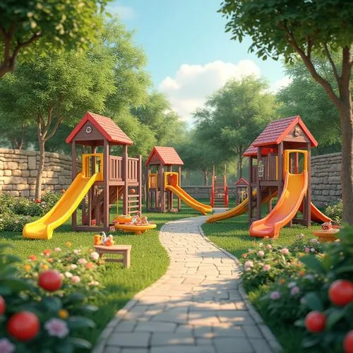 climbing garden,playhouses,3d render,doghouses,children's playground,playset,3d rendered,3d rendering,bungalows,playgrounds,hanging houses,children's playhouse,playground,play area,fairy village,summer cottage,children's background,3d fantasy,treehouses,wooden path,Photography,General,Realistic