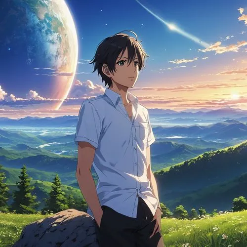 anime - style scene of a beautiful sky with a star and a planet, cosmic skies. by makoto shinkai, anime art wallpaper 4k, meteor fall, anime art wallpaper 4 k, anime art wallpaper 8 k, anime wallpaper