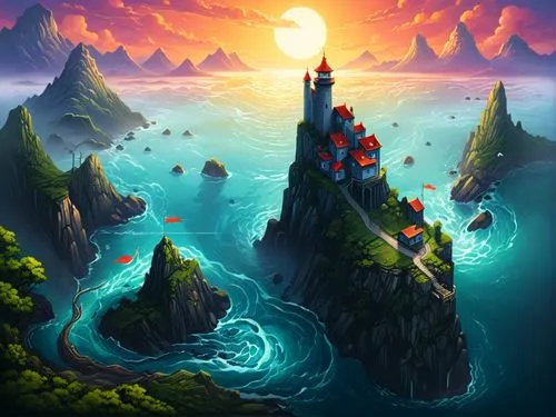 an image of a very pretty castle in the ocean,fantasy landscape,mushroom island,underwater landscape,fantasy picture,an island far away landscape,knight's castle,Illustration,Realistic Fantasy,Realist