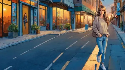 comic painting: young woman walks through urban street, casual urban streetwear, sundown, evening,girl walking away,woman walking,world digital painting,donsky,cloudstreet,sidestreet,shopping street,a