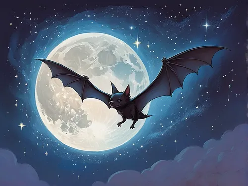 Design a mystical bat flying through a starry sky with a magical aura.,vampire bat,bat,lantern bat,bat smiley,bats,megabat,fruit bat,tropical bat,halloween illustration,hanging bat,big brown bat,hallo