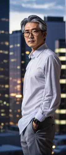 Modern Japanese architect, Creme Jun Aizaki, standing in front of his futuristic designed building, DPC, sleek black glasses, slicked back grey hair, crisp white shirt, black trousers, silver watch, c