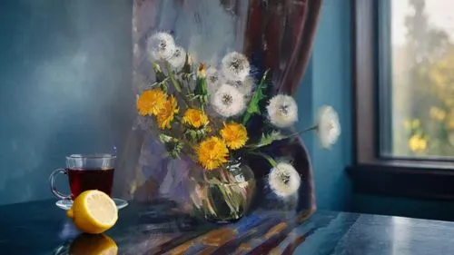 Рядом стакан с чаем и лимон,sunflowers in vase,glass painting,helios 44m7,helios 44m,glass vase,autumn still life,flower painting,flower vase,helios 44m-4,floral with cappuccino,summer still-life,stil