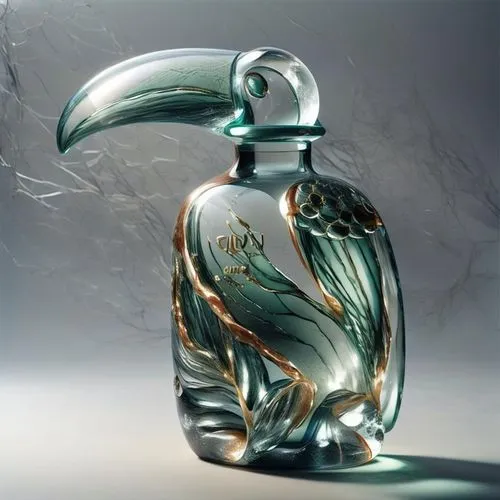 the style of cinema4d, micro marcin sobas, contemporary glass, akos major, delicate texture,, ultra high definition image,a glass bottle with a toucan on it's face,lalique,ewer,decanters,perfume bottl