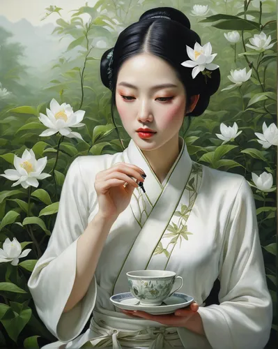 junshan yinzhen,chinese art,geisha girl,oriental painting,japanese tea,geisha,dongfang meiren,tea ceremony,jasmine blossom,white blossom,tea zen,japanese art,ikebana,japanese woman,tea flowers,jasmine tea,blooming tea,scent of jasmine,oriental girl,jasmine flower,Illustration,Realistic Fantasy,Realistic Fantasy 07