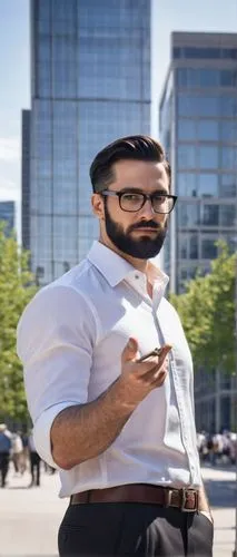 Professional architectural designer, Toronto, 30s, male, glasses, neat beard, black hair, formal attire, white shirt, dark trousers, leather belt, holding blueprints, standing, urban background, moder