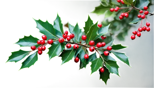 Real holly, green leaves, bright red berries, winter season, delicate branches, natural texture, soft focus, warm light, 3/4 composition, shallow depth of field, festive atmosphere, cinematic lighting