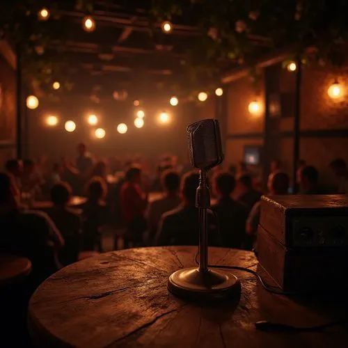 Intimate live music venue, rustic wooden stage, vintage microphone, soft glowing stage lights, comfortable seating areas, sound-absorbing acoustic panels, reverberation reduction systems, crystal-clea