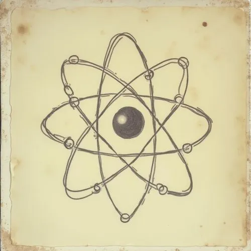 A simplistic drawing of an atom with electrons orbiting the nucleus.,a drawing of a strange object with wires,atom nucleus,electron,atomic age,nucleaire,bohr,monatomic,Photography,Documentary Photogra