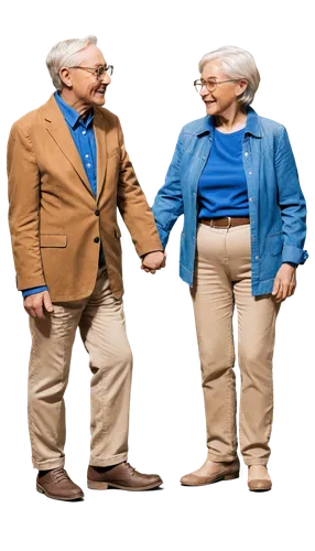 Elderly couple, old man, old woman, wrinkles, gray hair, glasses, gentle smile, holding hands, standing together, casual clothing, light brown jacket, blue shirt, beige pants, comfortable shoes, warm 