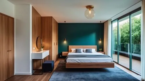 In the cozy living room, a modern bedroom with a floating bed, a delicate emerald green wall at the back of the bed creates a modern look. There are modern sconces with glass on the sides of the bed, 