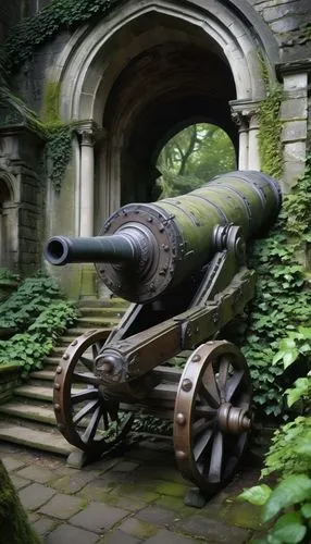 Historic cannon, ancient fortress, stone walls, intricate carvings, rusty metal, wooden wheels, worn ropes, majestic entrance, grand staircase, high ceilings, dimly lit, mysterious ambiance, Baroque s