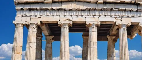 Ancient Greek architecture, Doric order, Ionic order, Corinthian order, marble columns, ornate carvings, frieze decorations, pediment sculptures, temple ruins, Athens, Acropolis, sunny day, blue sky, 