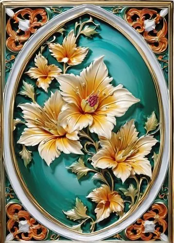 decorative plate,water lily plate,vintage china,floral ornament,wall plate,decorative frame,floral frame,art nouveau frame,ceramic hob,vintage dishes,floral and bird frame,chrysanthemum background,enamelled,art deco ornament,ceramic tile,chrysanthemum,art deco frame,siberian chrysanthemum,serving tray,art nouveau design,Photography,General,Realistic