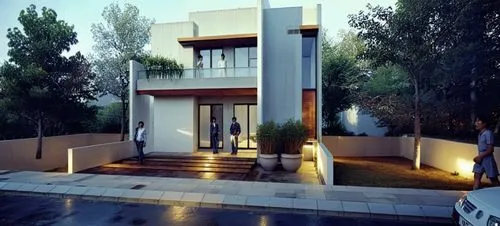 DISEÑO EXTERIOR DE UNA RESIDENCIA  ESTILO MINIMALISTA, CON MUROS CON CANTERA GRIS, EN COMBINACION CON MUROS DE COLOR BLANCO Y GRIS,VENTANAS DE ALUMNIO CON CRSITAL, PLANO CINEMATOGRAFICO, CORRECCION DE