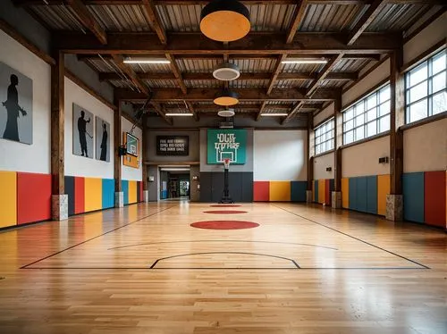 Polished wooden floors, matte finish walls, rusty metal beams, industrial-style lighting, suspended ceilings, acoustic panels, vibrant colorful accents, athletic equipment silhouettes, basketball hoop