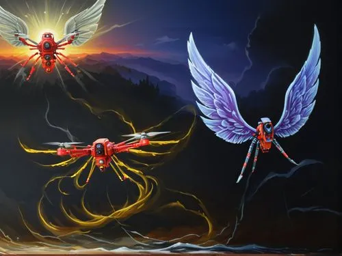 the artwork shows how they are flying in their arms,phoenixes,garridos,angelfire,archangels,firebirds,angels of the apocalypse,Illustration,Realistic Fantasy,Realistic Fantasy 25