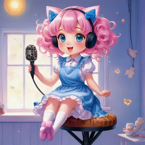 Jigglypuff human hybrid, pink hair, curly and puffy, bright blue eyes, shiny eyelids, cute nose, gentle smile, pale skin, soft cheeks, slender fingers, delicate nails, pastel pink dress, white apron, 