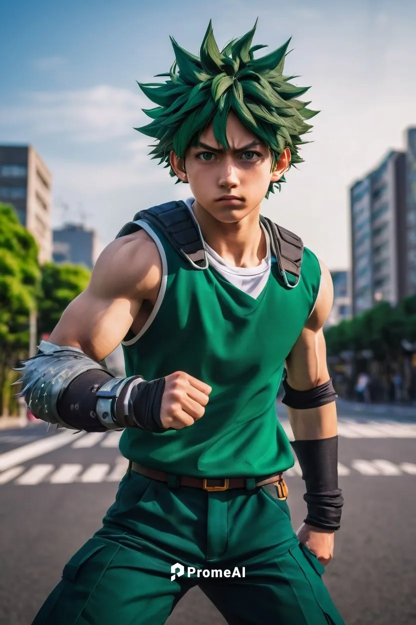 Deku, My Hero Academia, muscular boy, 15yo, spiky hair, green eyes, serious expression, casual wear, U.A. High School uniform, ripped sleeves, strong legs, athletic build, heroic pose, cityscape backg