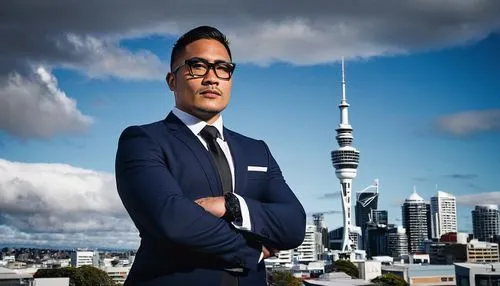 Maori architectural designer, Wanganui, male, 35yo, strong facial features, short black hair, tribal tattoos on arms, modern glasses, white shirt, black tie, dark blue suit, standing, confident pose, 