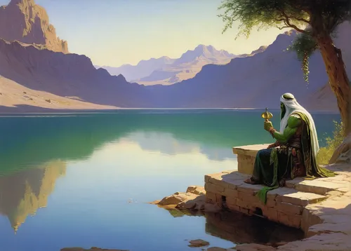 moses,woman at the well,idyll,orientalism,jrr tolkien,fantasy picture,woman praying,rem in arabian nights,persian poet,iranian nowruz,biblical narrative characters,heroic fantasy,contemplation,dead sea scroll,background with stones,nile,praying woman,landscape background,lily of the nile,prophet,Art,Classical Oil Painting,Classical Oil Painting 42