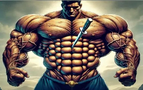 A ripped most muscular demigod stabbed unharmed with a dagger.,body building,bodybuilding,muscle man,kenshiro,baki