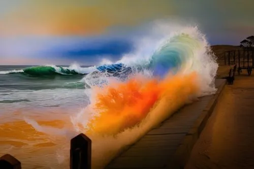 big waves in circle,the picture is an ocean scene with colorful waves,rainbow waves,splash photography,shorebreak,tidal wave,crashing waves,seaspray,Illustration,Paper based,Paper Based 24