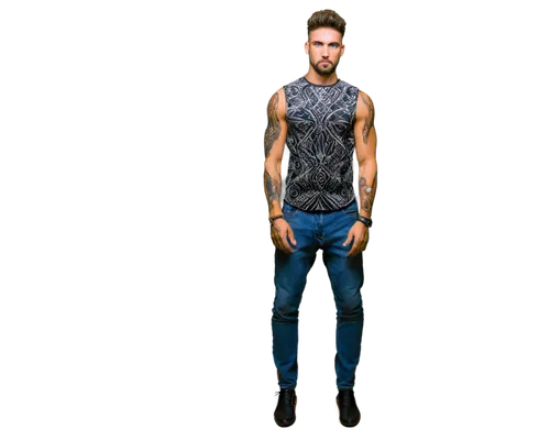 black tattooed skin, masculine arm, detailed muscles, intricate tribal design, geometric patterns, bold lines, vibrant colors, sleeveless shirt, ripped jeans, strong posture, standing, dramatic lighti