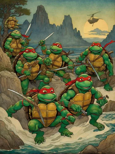 turtles,teenage mutant ninja turtles,trachemys,raphael,stacked turtles,tortoises,trachemys scripta,turtle pattern,patrol,reptiles,turtle,land turtle,michelangelo,terrapin,conga,turtle ship,tortoise,patrols,water turtle,dragees,Illustration,Retro,Retro 17