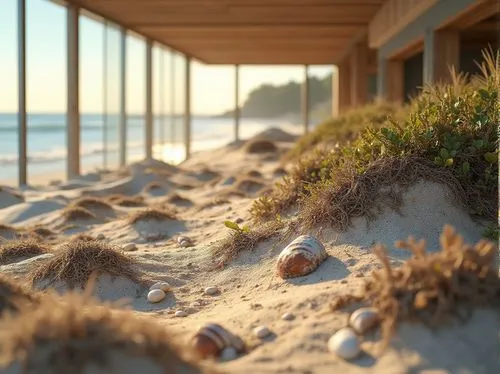 Muddy texture, sustainable material, eco-friendly, natural, earthy tone, coastal design, beachside villa, modern architecture, large windows, ocean view, sandy dunes, driftwood, seaweed, shells, beach