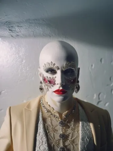 a person wearing white makeup and jewels on their face,sopor,pierrot,a wax dummy,lazaretto,cocorosie,homogenic,Photography,General,Cinematic